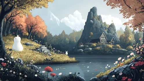Gentle spirits linger by a lakeside cabin under autumn spires