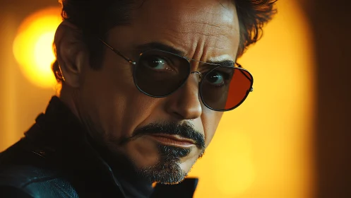 Intense sunglasses portrait glows against cinematic amber light
