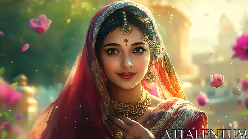 Digitally rendered Indian bride portrait with bokeh depth layering