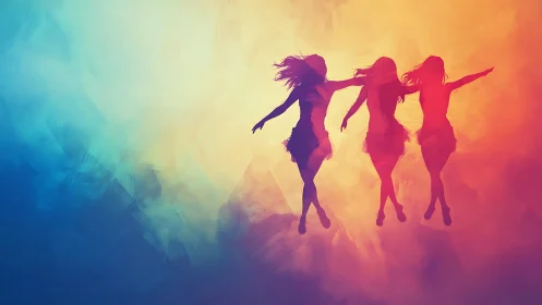 Three Silhouetted Women Dancing on Vibrant Colorful Abstract Background.