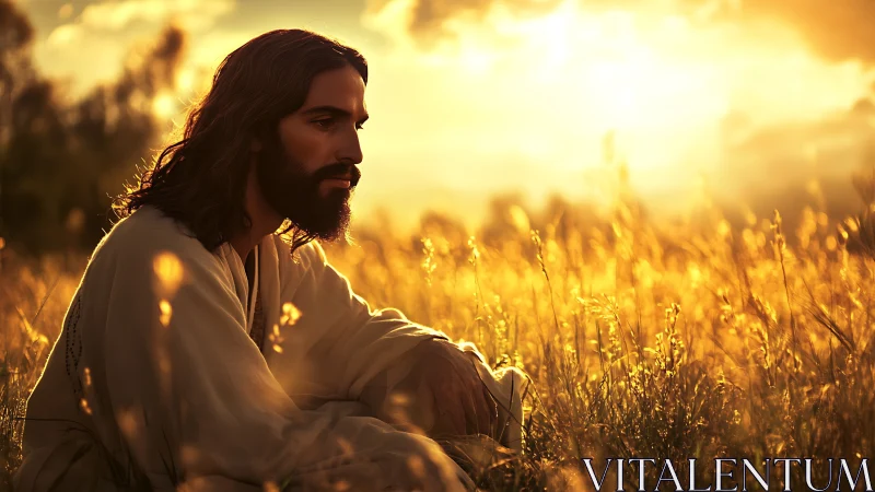 Bearded robed figure seated in sunlit tall grass field