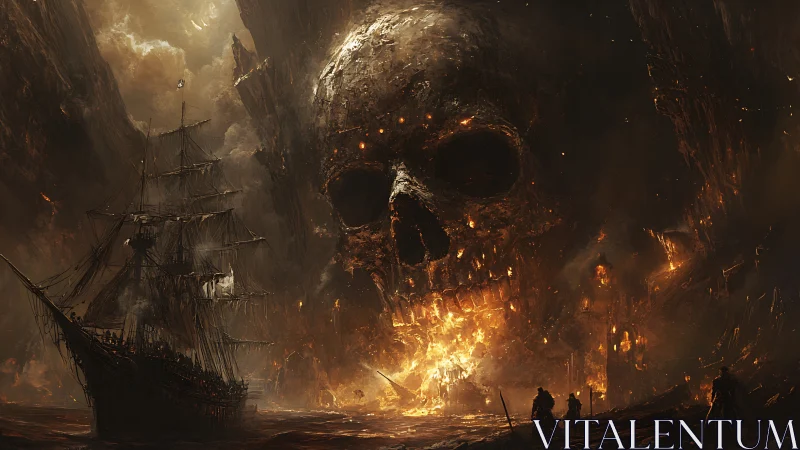 Burning skull cavern engulfs ghost ship in infernal seascape