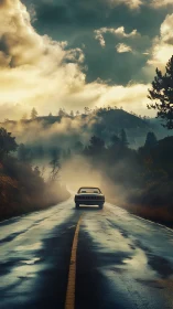 Solitary car on wet mountain road under dense cloud cover.