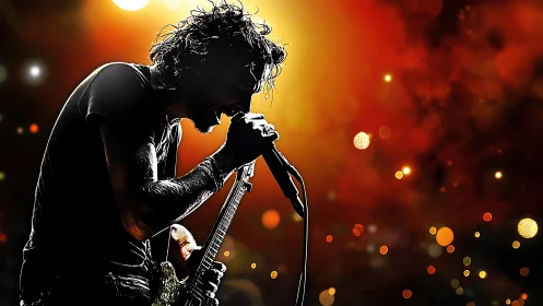 Backlit rocker melts into wildfire bokeh and electric sound