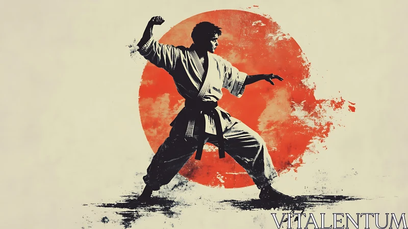 Focused martial artist poised before a bold red sun.