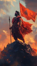 Heroic warrior on volcanic citadel with dynamic battle standard.