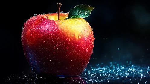 Red and yellow apple with water droplets on dark surface.
