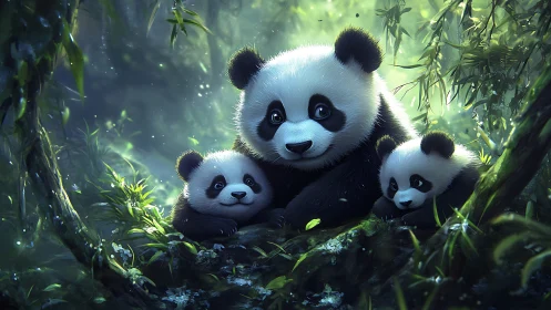 Digital painting of panda family in luminous bamboo forest.