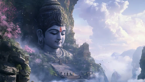 Colossal cliffside deity sculpture integrated with misty mountain temples