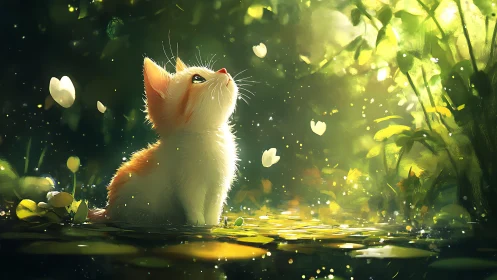 Kitten Gazes Upward Through Enchanted Forest Garden Light.
