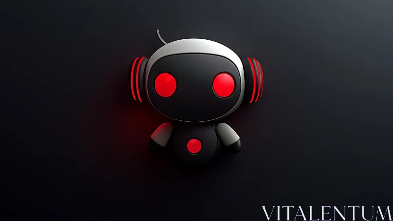 Cute black and red robot mascot on dark gradient background.