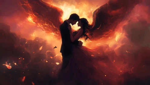 Couple Embracing in Fiery Celestial Light.