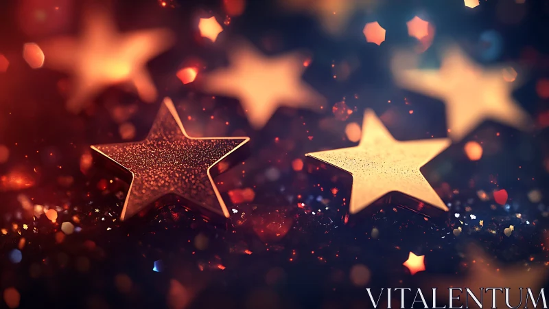 Photorealistic bokeh field with glittering golden star forms.