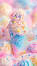 Whimsical pastel ice cream cone swirling with sweet sprinkles.