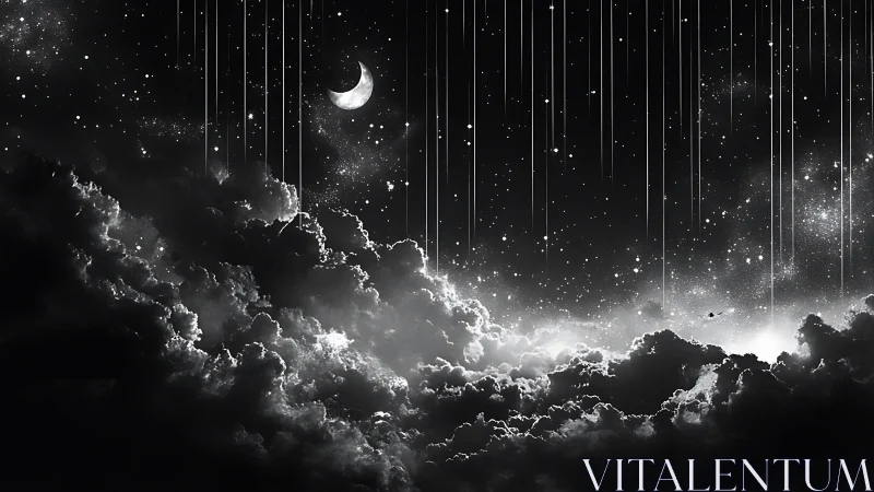 Surreal crescent moon above luminous storm clouds at night.