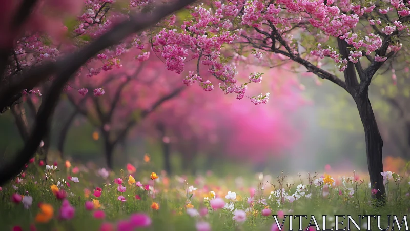 Blooming cherry orchard under soft morning light.