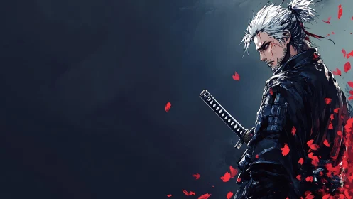 Lone silver haired samurai framed by falling red petals.