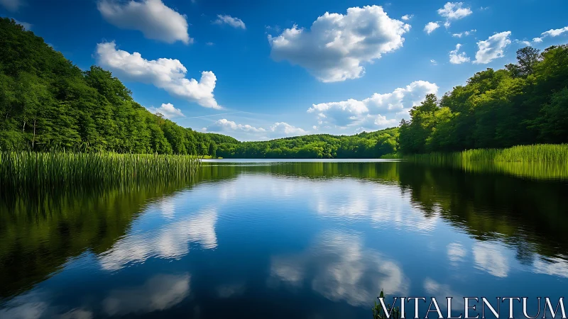 Calm forest lake with clouds reflected on water surface.