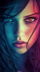 Dual-colored portrait highlights intense heterochromatic gaze.