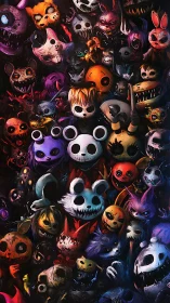 Crowded digital collage of sinister cartoon monster faces.