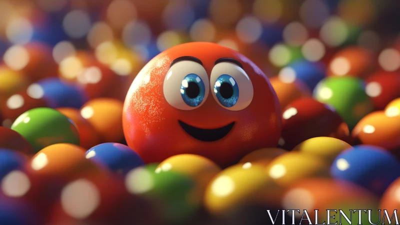 Red Sphere Character Among Colorful Balls.
