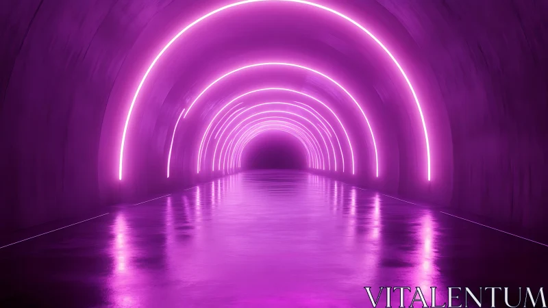 Neon arches illuminating a reflective tunnel corridor at night.