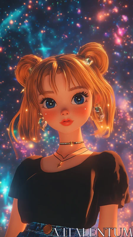Starlit girl studies galaxies swirling softly around her