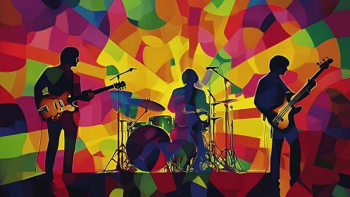 Silhouetted rock band performs against prismatic abstract backdrop