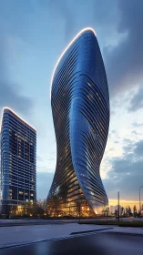 Spiral Glass Tower at Dusk. Modern Architecture.