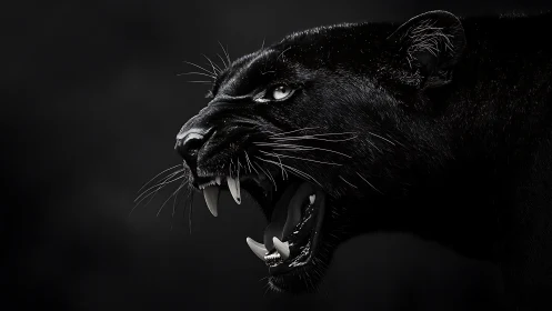 Black Panther Snarling with Bared Fangs and Intense Gaze
