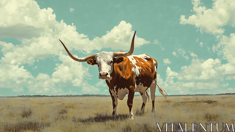 Longhorn monarch pauses beneath drifting prairie clouds