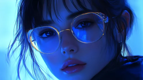 Digital portrait shows close-up face with glasses in blue light