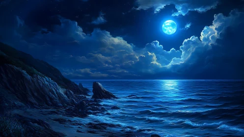 Full moon illuminates rocky coastline and rippling sea