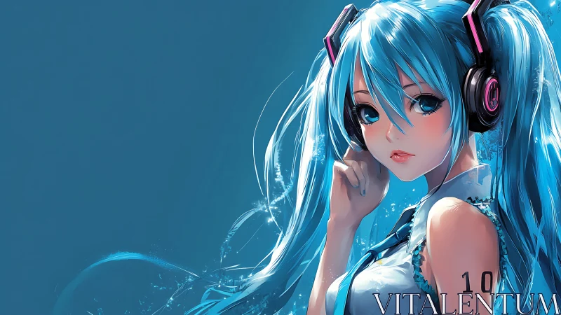 Blue-haired anime girl listens with headphones in profile