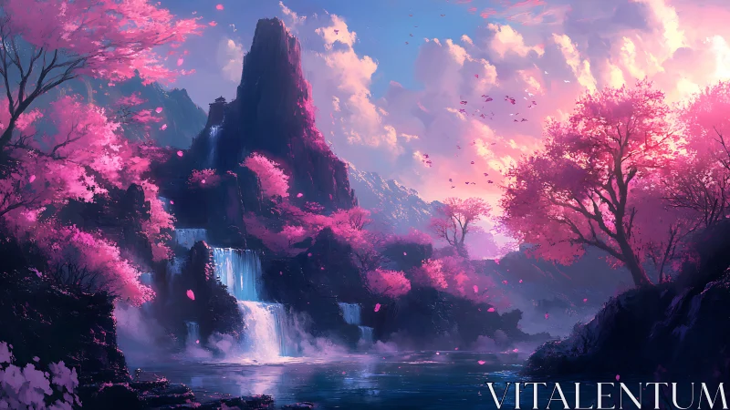 Blossom waterfalls under cotton candy mountains at dusk.