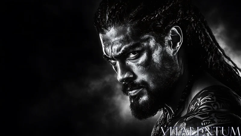 Brooding warrior portrait in dramatic stormy shadows.