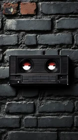 Vintage Portable Cassette Recorder Mounted on Weathered Brick Wall.