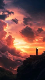Sunset wanderer pausing on a cliff edge in glowing clouds.