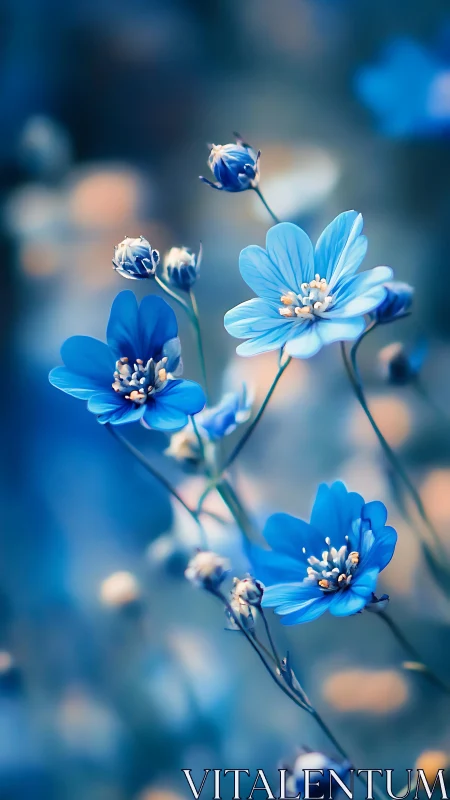 Delicate Blue Cosmos Flowers in Soft Focus Light.