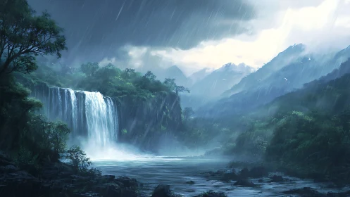 Rain-soaked waterfall valley under diffused atmospheric lighting