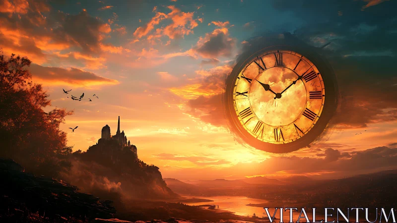 Majestic sunset sky holds a glowing clock of dreamlike time