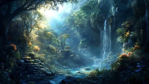 Hidden Waterfall Paradise Glowing With Ethereal Light.