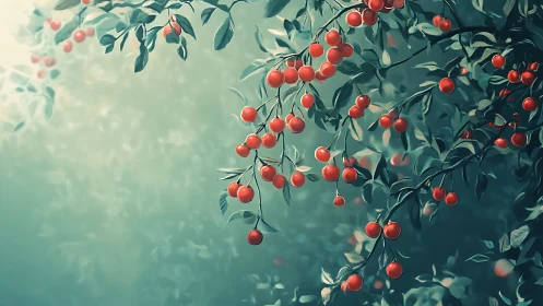 Sunlit cherry constellations drift through a teal forest hush