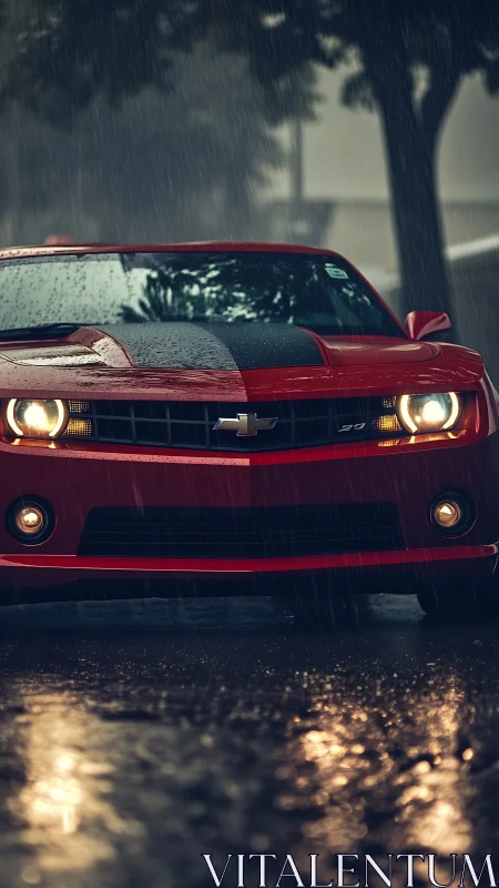 Red Chevrolet Camaro front view in rain on wet street.
