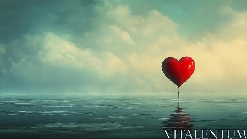 Red Heart Floating Over Tranquil Water with Dramatic Sky Lighting