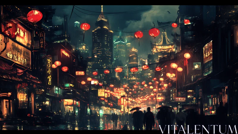 Dense night city street under lanterns in rainy conditions.