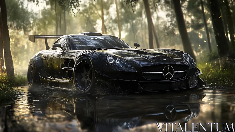 Sleek black sports car dominates a misty forest puddle