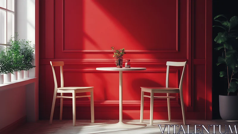 Small round table and two chairs against strong red wall