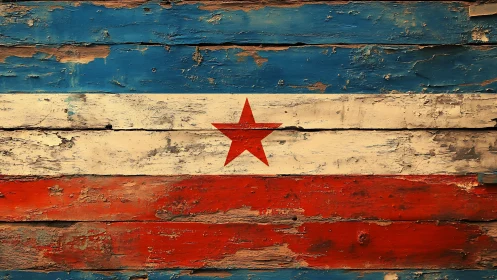 Weathered tricolor flag with red star painted on wood