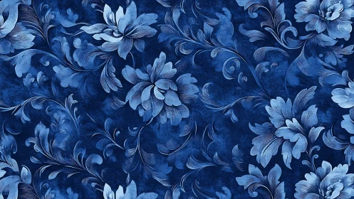 Monochrome indigo floral engraving pattern on textured field.